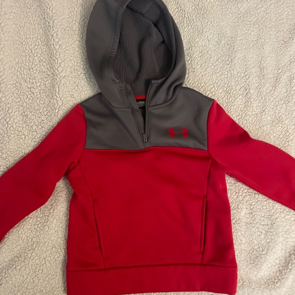 Under Armour Fleece Hoodie Quarter Zip Front Pocket Sweatshirt YXS Grey & Red - Picture 4 of 6